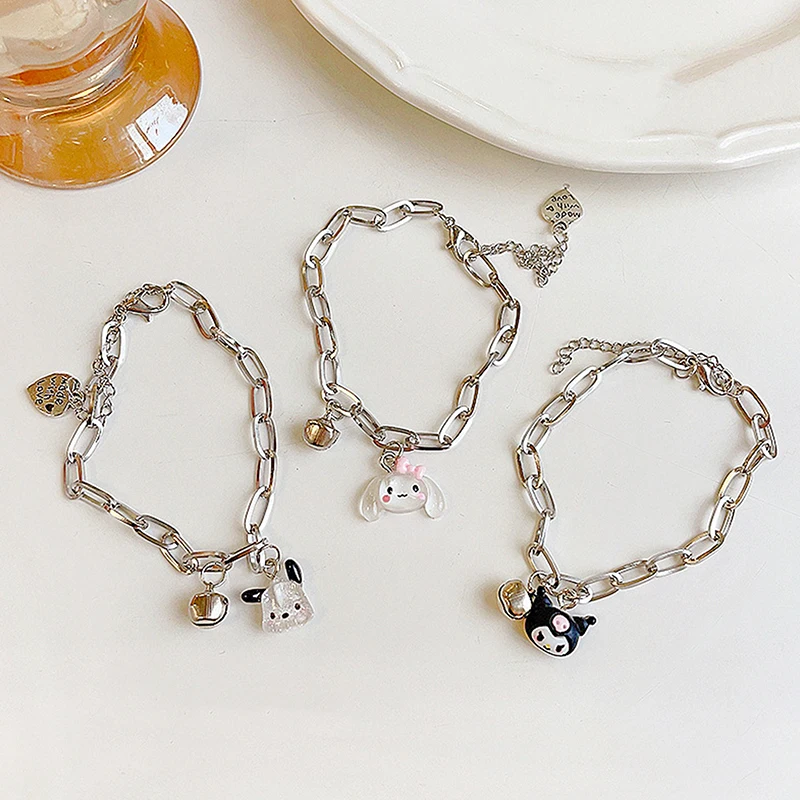 Sanrio Kawaii  Adjustable Bell Bracelet Cinnamoroll Kuromi Pompompurin My Melody Pochacco Cartoon Bracelet Anime Birthday Gift