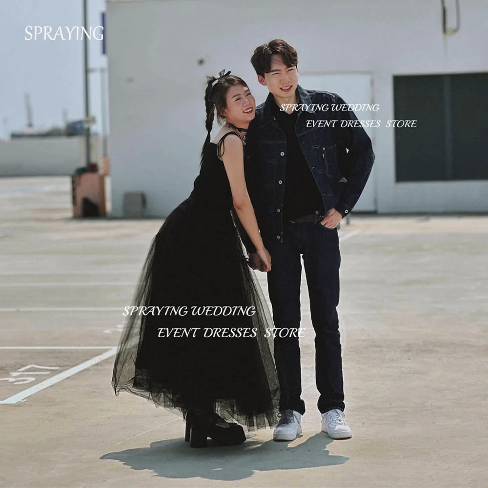 

SPRAYING Simple Korea Photo Shoot Spaghetti Strap Wedding Dresses Ankle-Length Long Corset Back Tulle Puffy Skirt Black 웨딩드레스