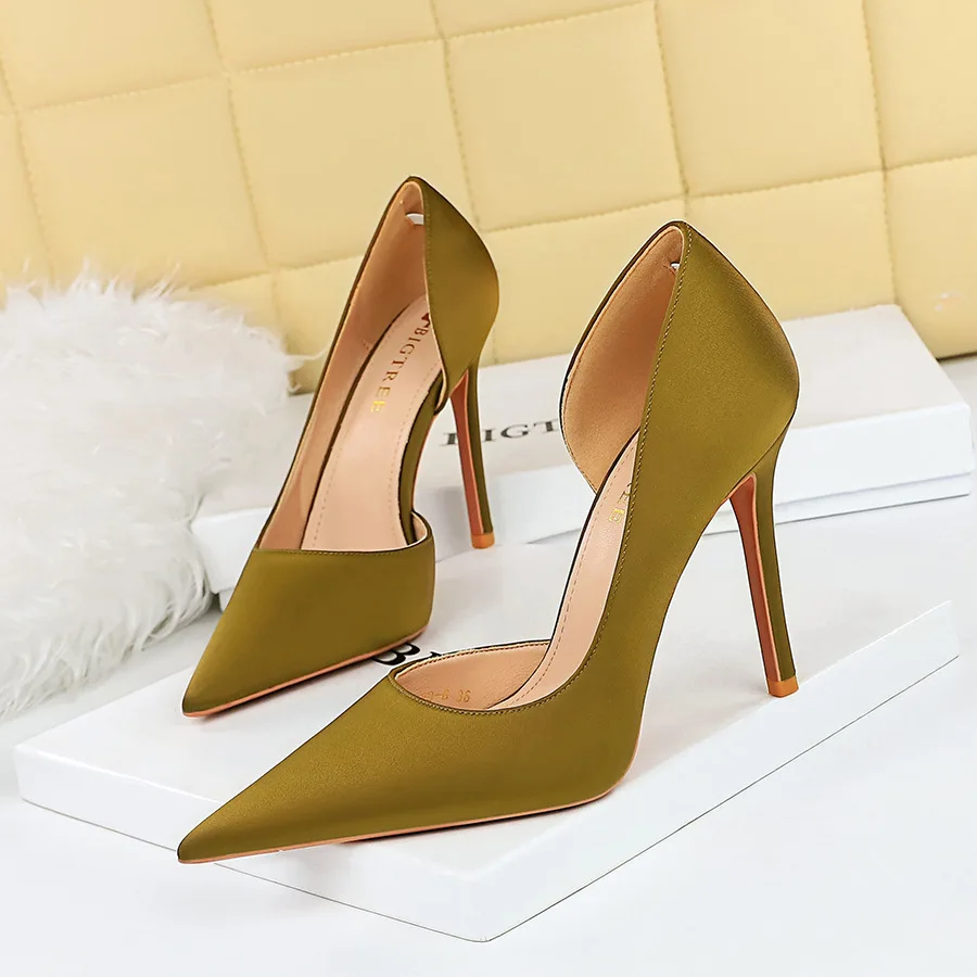 

new pattern Style Super Fine Satin Shallow Mouth Pointed Side Hollow Slim High Heels Women's Shoes Single Shoes Women Pumps