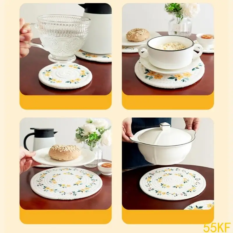 

55KF Heat Resistant Tables Mat Protects Furniture Surfaces User friendly Cotton Coasters Round Durable for Kitchens Dining