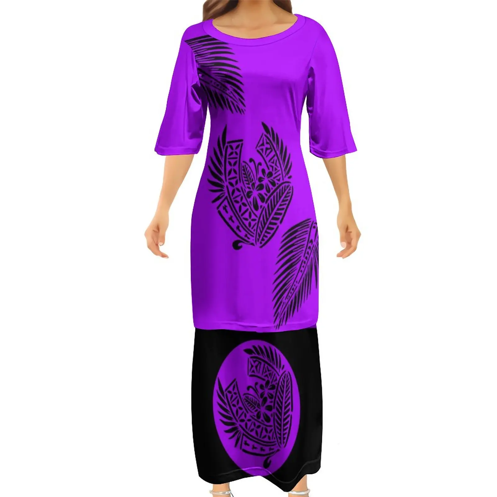 Hawaii Style Polynesian Printed Casual Dresses Puletasi 2 Pc Set Top And Skirts Summer Oversize Half Sleeve Women Dress