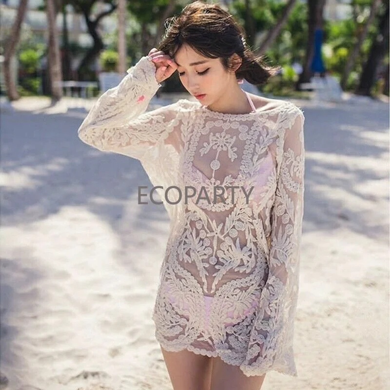 Women\'s Floral Lace Crochet T-Shirt See Through Blouse Top Tee Shirt Long Sleeve Bikini Cover Up Sunscreen Beach Women Clothes