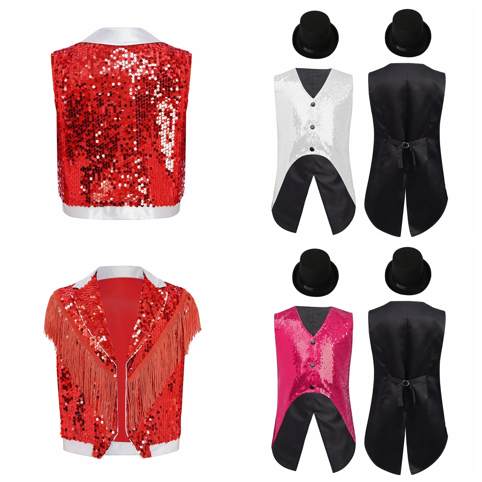 

Children's Disco Waistcoat Kids Boys Tassel Sequin Vest Jazz Dance Stage Performance Costume Lapel Collar Sleeveless Jacket Tops