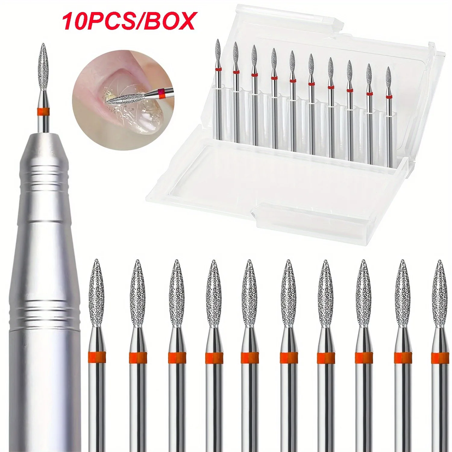 10PCS/BOX 3/32'' Fine-F Professional Diamond Flame Cuticle Drill Bit Set，Manicure Pedicure, Dead Skin Removal, Nail Salon Equipm