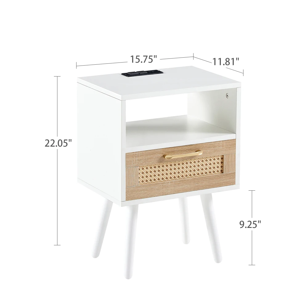 15.75" White Rattan End Table with Power Outlet & USB Ports, Modern Nightstand with Drawer and Solid Wood Legs, Rectangle Side Table for Living Room Bedroom Office, Easy Assembly, Smooth Slide Storage Drawer view 3