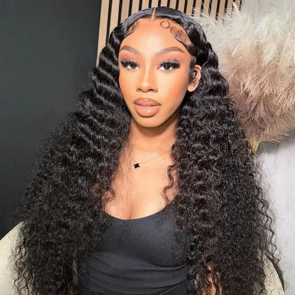 250% Density Natural Black Color 13x6 Hd Transparent Deep WaveLace Front Wig Brazilian Wet And Wavy Lace Frontal Wig 13x4 Pre Plucked  Kinky Curly Lace Human Hair Wigs