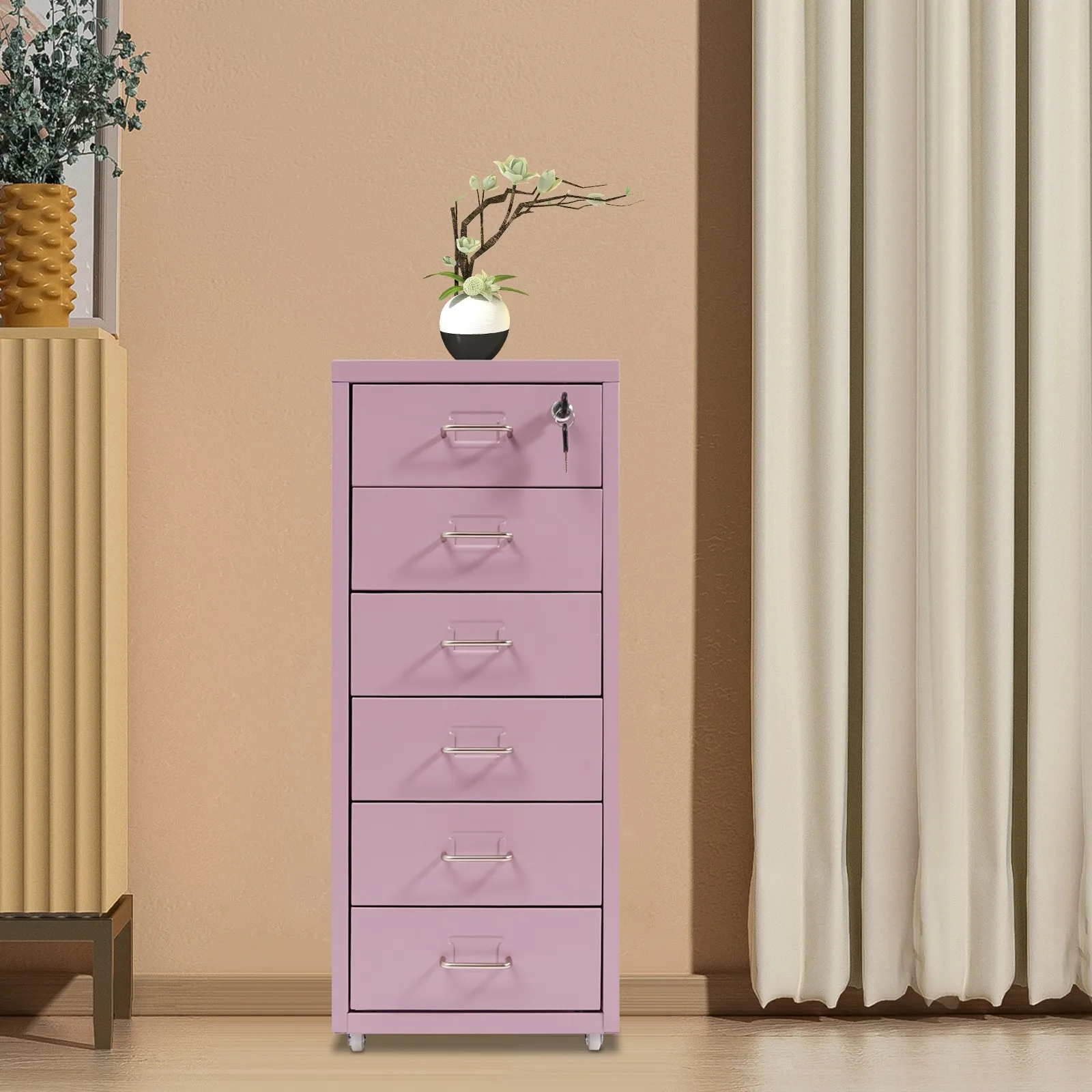 

6-Tier File Cabinet with Lock & Wheels, Compact Office Organizer for Home & Business, Purple Vertical Filing Storage, 28x41x69cm