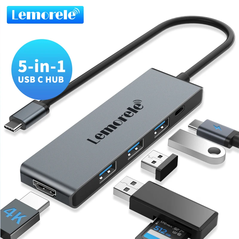 Lemorele 5 Port USB-C Laptop Docking Station with 4K 30Hz HDMI Port,Type-C 7W PD USB-C Hub Adapter for Tablet TV Projector PC