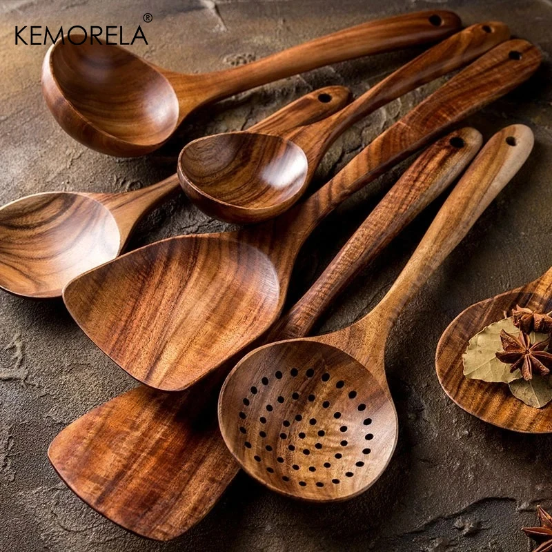 

7/10 PCS Teak Wood Tableware Set Ladle Turner Rice Colander Soup Skimmer Cooking Spoons - Natural Kitchen Tools from Thailand