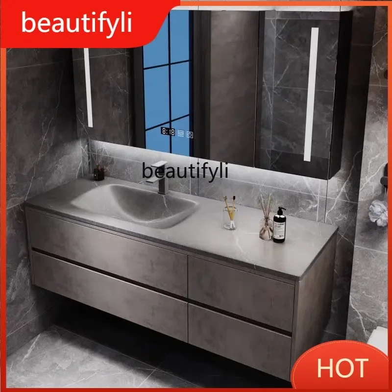 

54Modern light luxury bathroom cabinet combination rock slab hot bending seamless integrated basin smart mirror cabinet wash