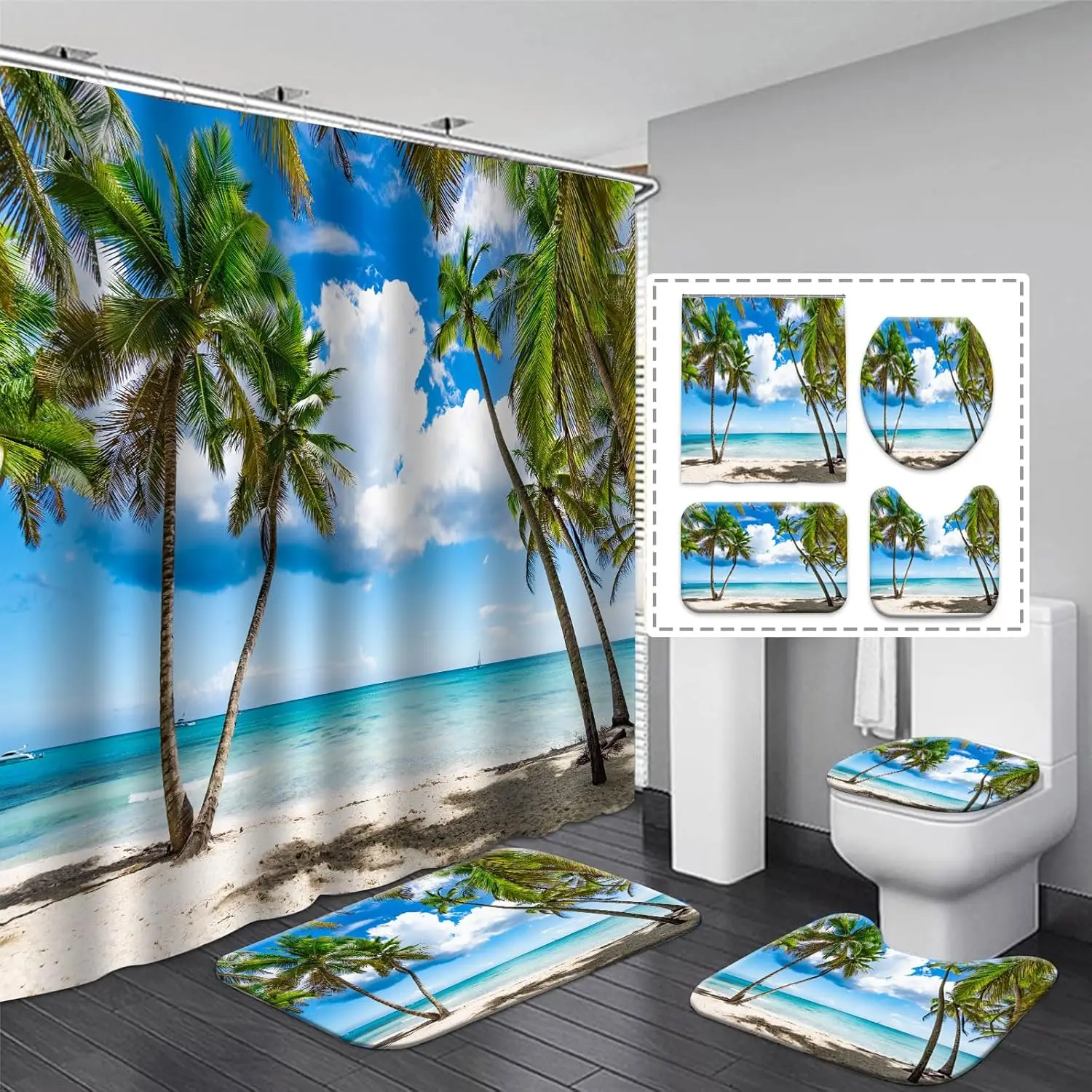 

Пляжная занавеска для душа с пальмовым деревом, комплект из 4 предметов, прибрежная синяя океанская занавеска для душа, декор для ванной комнаты, водонепроницаемая полиэфирная ткань, лето