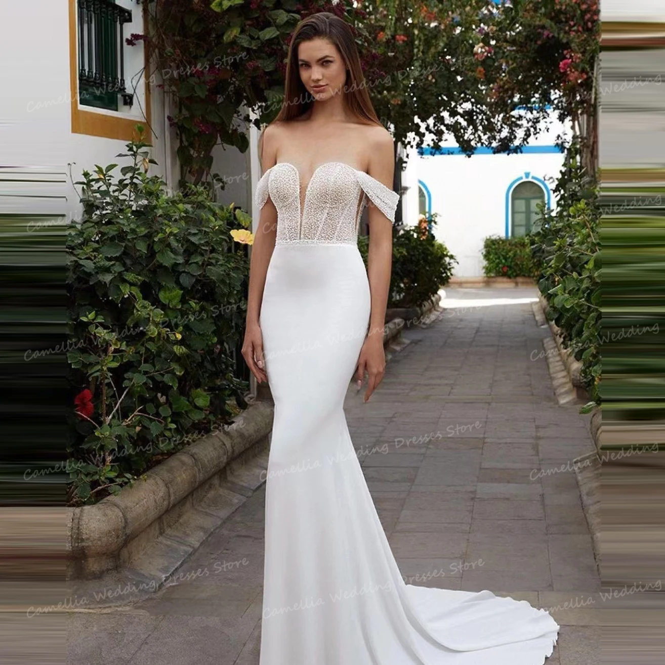 Abiti da sposa eleganti formali di lusso da donna 2024 Sexy sirena con spalle scoperte senza schienale per abiti da sposa abito in raso di pizzo De Soirée