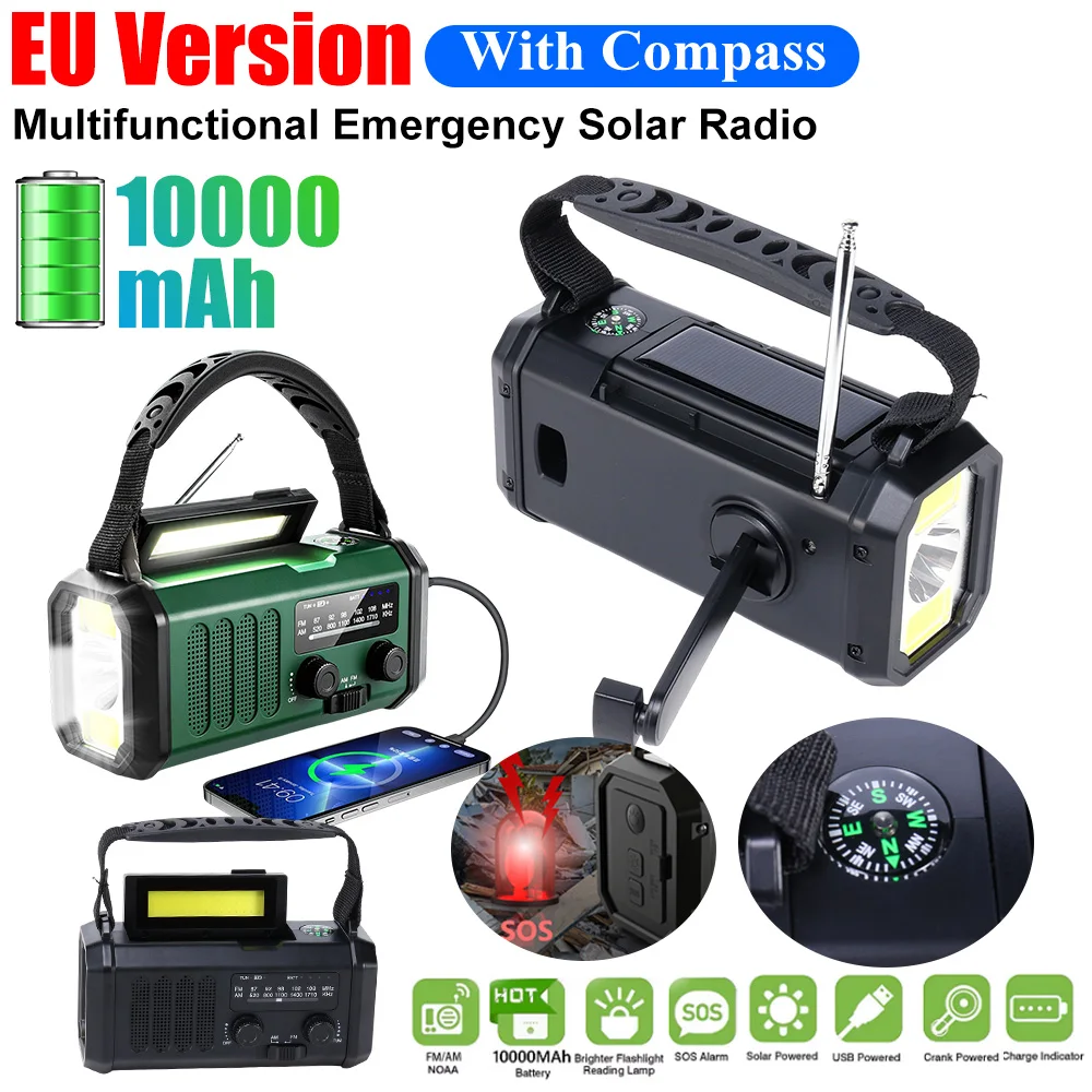 

EU 10000mAh Emergency Power Bank Charger USB Solar Radio LED Flashlight Reading Lamp Type-C Charging AM FM Radios With Compass