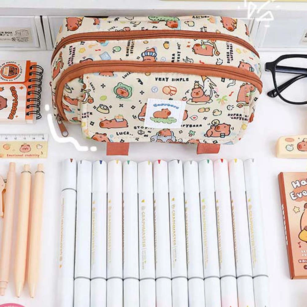 Multi Layer Capybara Canvas Pen Bag Capibala Large Capacity Capybara Pencil Case Animals Cartoon Capibara Plush Pencil Pouch