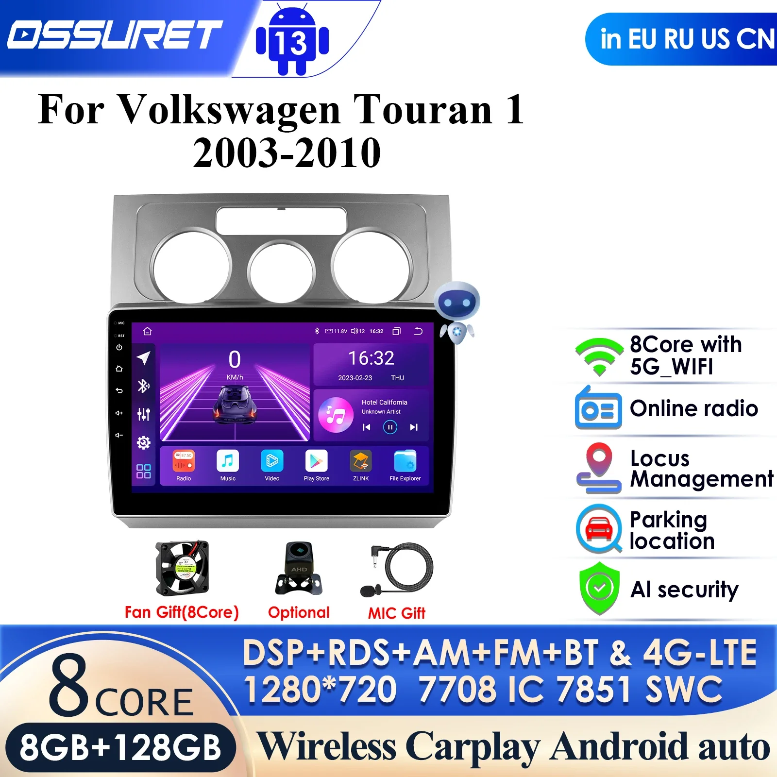 Android 13 2Din Car Radio for Volkswagen Touran 1 2003 - 2010 Multimedia Video Player Navi Carplay Auto 4G LTE Stereo Head Unit