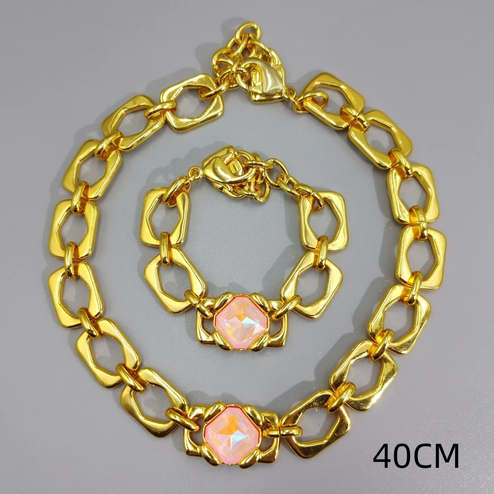 2026 Spain Exaggerated Design Blue/Pink Crystal Chain Bracelet Necklace Jewelry Two Piece Set Accessories Creative Gift