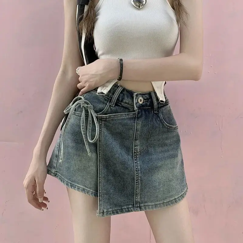 

Irregular denim skirt for women 2024 new summer style hot girl high waist anti-exposure A-line hip-covering short culottes