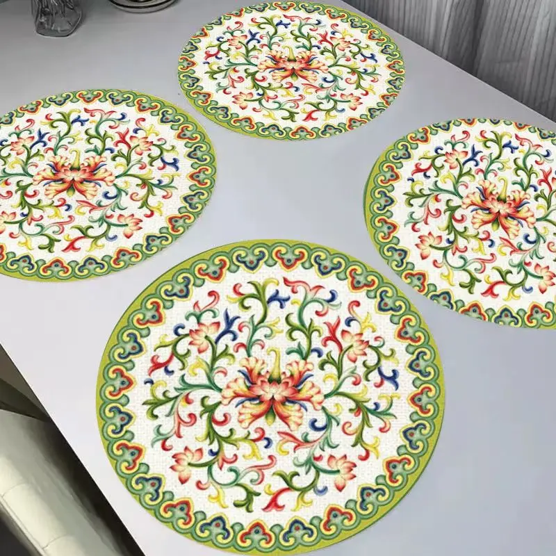 VIKAMA China-Chic Dunhuang Round Linen Placemats, Heat Resistant Wear-Resistant Washable Table Mat for Dining Table Decor