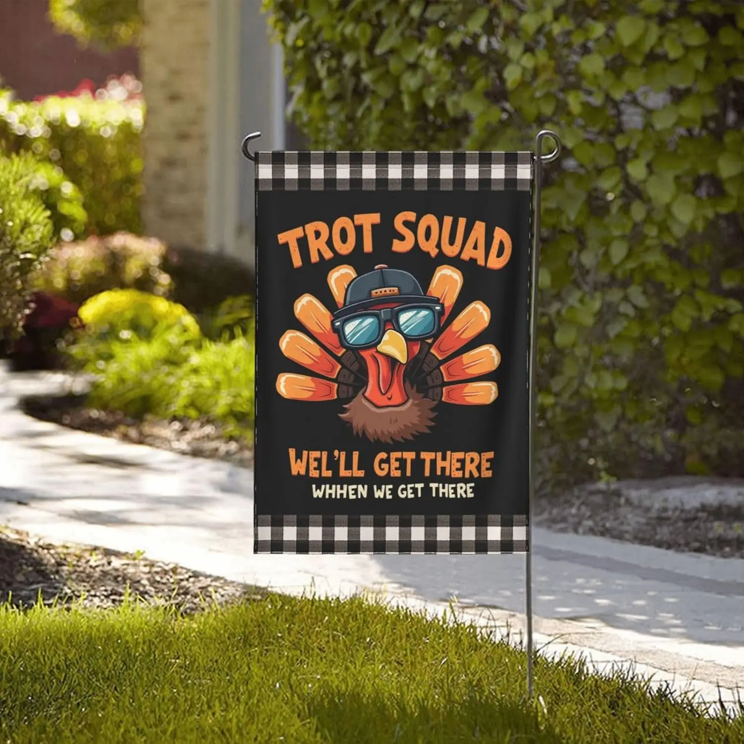 Trot Squad We'Ll Get There Turkey Thanksgiving Garden Flag Novelty Garden Flags 12x18 Double Sided Decorative Flag For L KZA