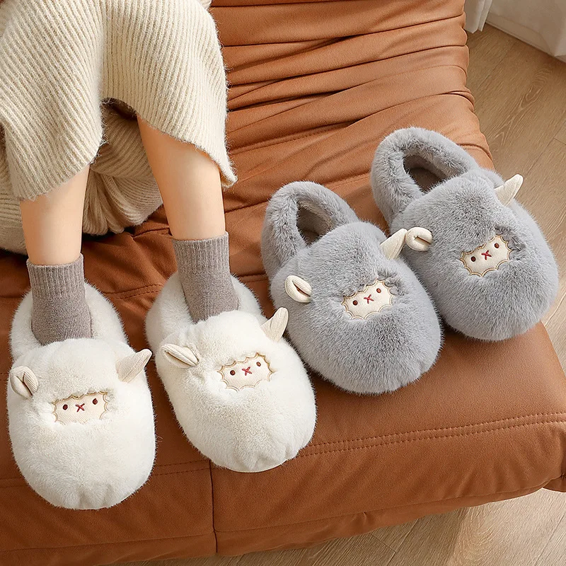 Female Winter Home Floor Shoes Cartoon Cute Little Sheep Thickened Plush Warm Cotton Shoes Cotton Slippers Warm Furry Slippers