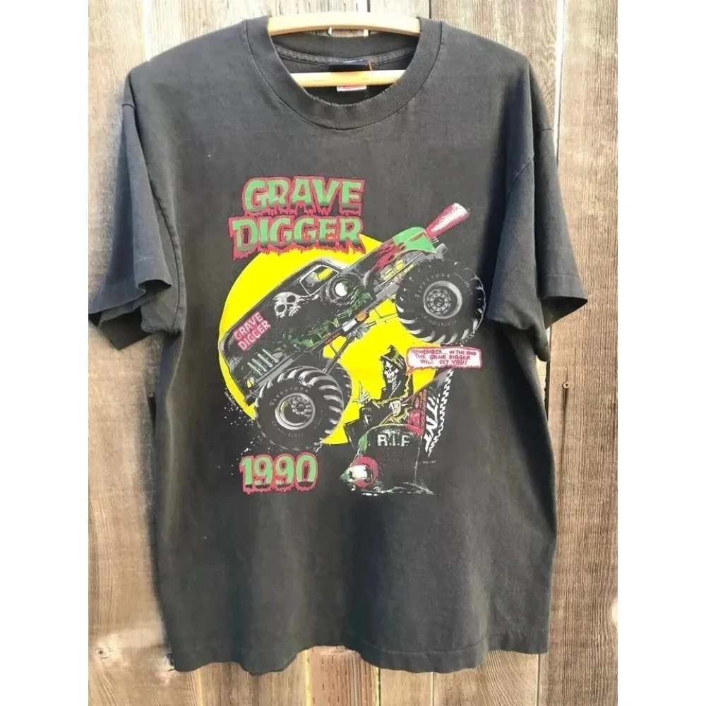 Grave Digger 1990 Retro Racing Charcoal Grey Men's T-shirt Summer New Style Casual Fashion Suitable for Both Men and Women