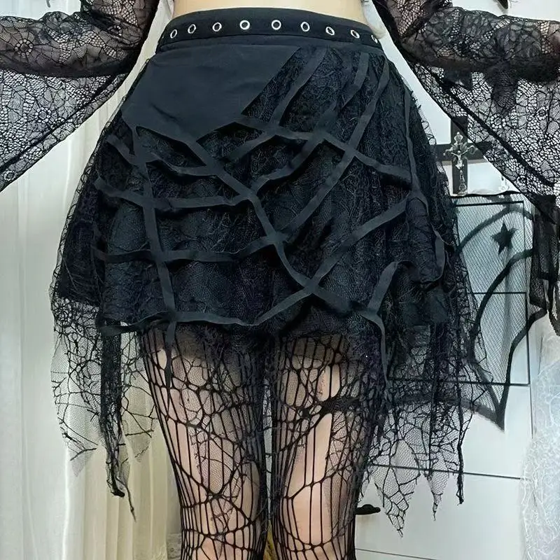 Gothic Style Heavy Embellished Lace Half Skirt Asymmetrical Black  Skirt Summer Collection for Young Women Batwing Fit