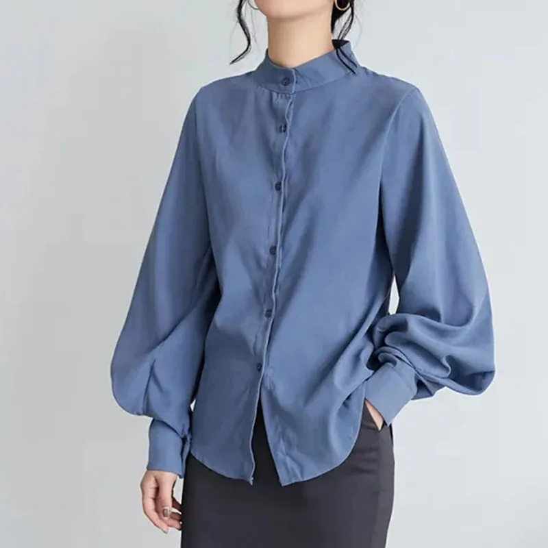 GIDYQ Vintage Chiffon Shirts Women Lantern Sleeve Black Blouses Korean Elegant Office Lady Solid Loose Casual Tops New