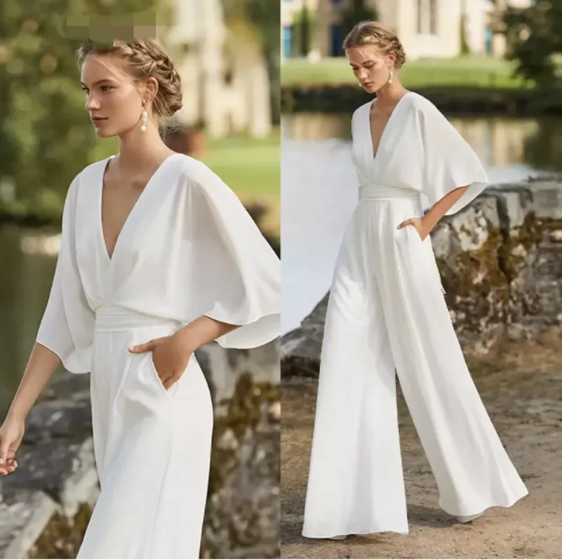 

2026 White Formal Evening Jumpsuit Dress Boho Crepe Simple Bridal Suit Bloused V-Neck Prom Party Gown Vestidos Robe De Soiree