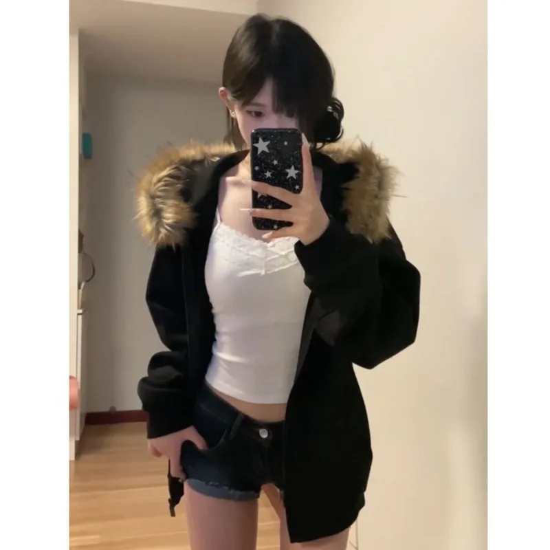 Vintage Letter Print Black Zip Up Hoodies Women Oversized Faux Fur Coat Casual Sweatshirt Autumn Winter Harajuku Jacket Outwear