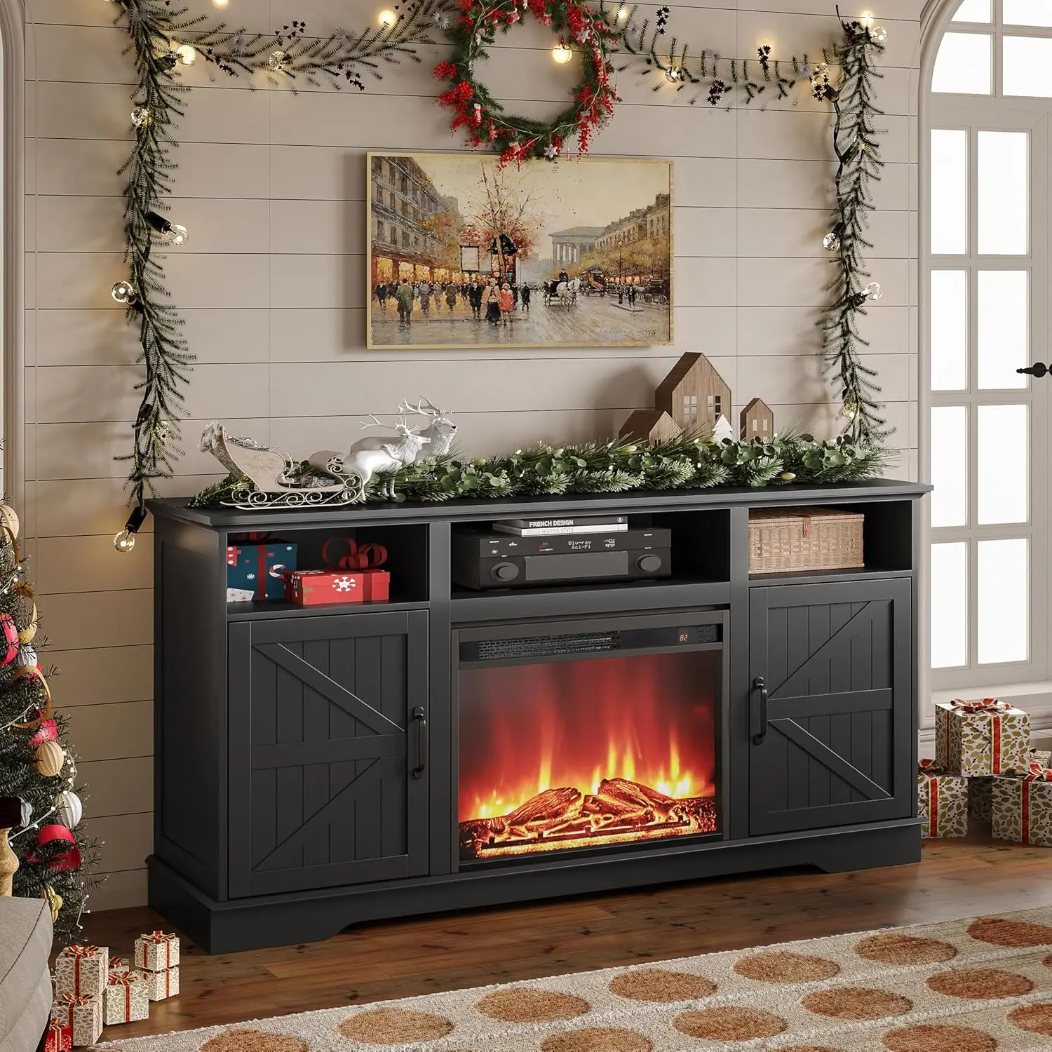 

Fireplace TV Stand for 65” TV, RGB Entertainment Center with 25” Remote Control Electric Fireplace and Storage Cabinets, Bedroom