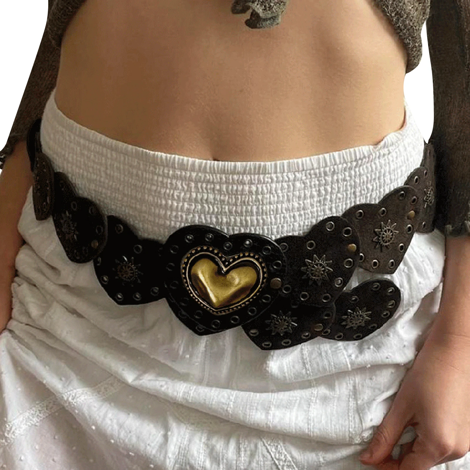 

Women Vintage Western Wide y2k Grunge Leather Belt Brown Bohemian Love Hearts Disc PU Leather Waist Belt for Girls Accessories