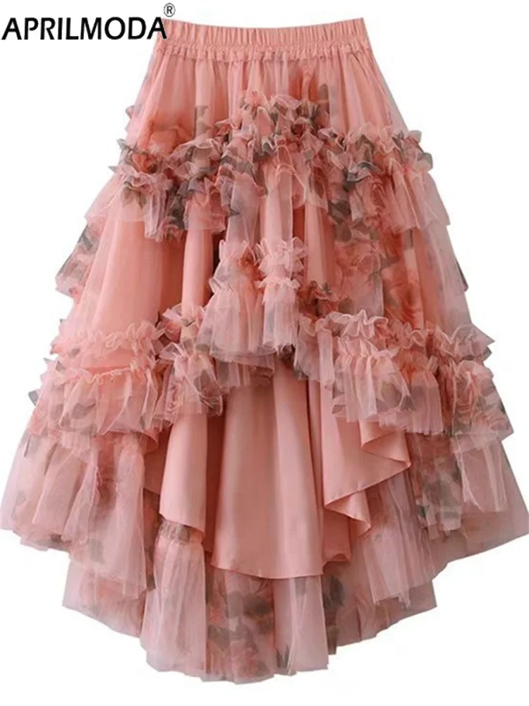 

French Style Holiday Ruffle Irregular Midi Long Party Skirt Ball Gown Multi Layer Mesh Fashion Gauze Tutu Elegant Vintage Skirts