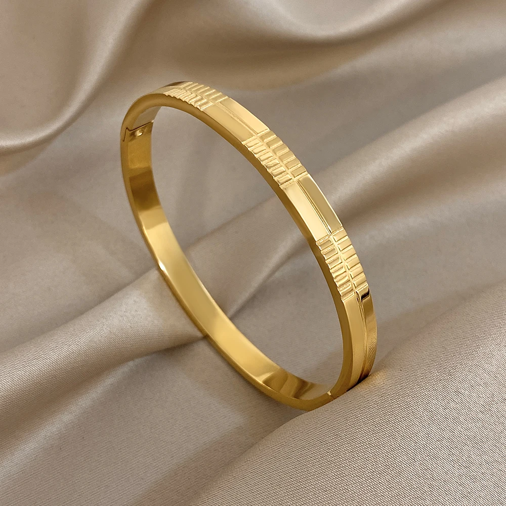 

Simple Gold Color Stainless Steel Open Spring Bangle Women Fashion Geometric Round Wide Cuff Bracelet Waterproof Jewelry Gift