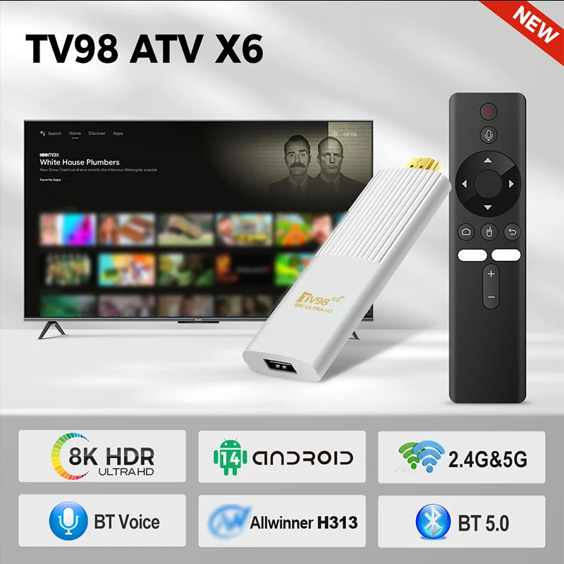 TV98 Android 14 Mini TV Stick 8K Видеоуправление Allwinner H313 Четырехъядерный процессор BT5.0 2,4/5G WIFI Приставка для сетевого медиаплеера