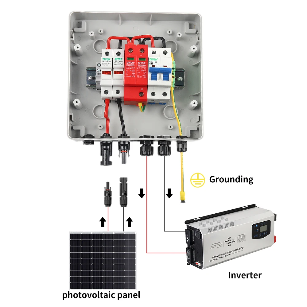 กล่องรวมสายไฟฟ้ากระแสตรงสำหรับแผงโซลาร์เซลล์ 500V 1 ช่องเข้า 1 ช่องออก พร้อมระบบป้องกันไฟกระชากและฟิวส์ DC พร้อมเบรกเกอร์ MCB สำหรับโซลาร์เซลล์ ระดับการป้องกันน้ำ IP65