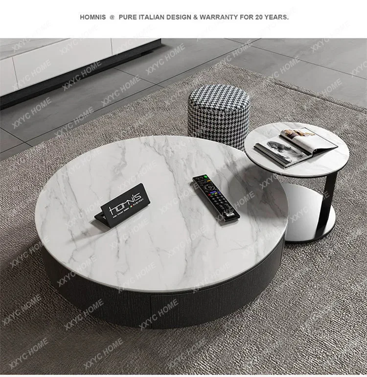 AA Minimalist Light Luxury Living Room Round Extendable Cabinet with Stool Coffee Table TV Cabinet Rock Slab Small Apartment Set