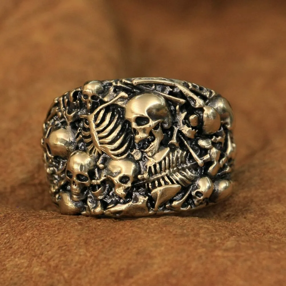 High Details Brass Skulls Grave Ring Biker Punk Style Jewelry BR257 US Size 7~15