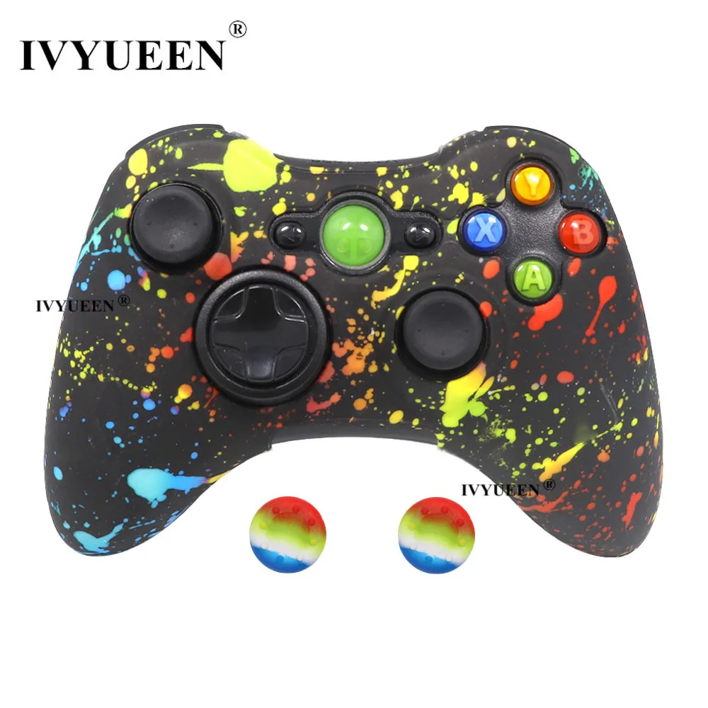 Ivyueen 10 pçs silicone pele protetora para microsoft xbox 360 caso controlador de impressão capa gel caps acessórios polegar apertos