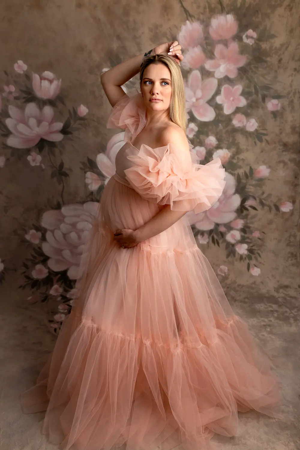 18050 # Romantische Tule Pofmouwen Zwangerschapsjurk Voor Babyshower Meerlagige Geplooide Zoom Zwangere Vrouwen Jurk Fotoshoot