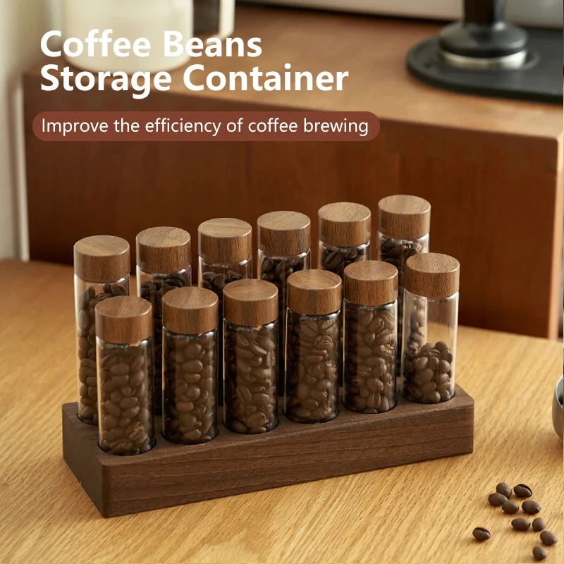 Coffee Beans Storage Container 6 Tubes 12 Tubes Glass Jars with Walnut Wood Base Air-Tight Food Grade ABS Lid Display Rack Set