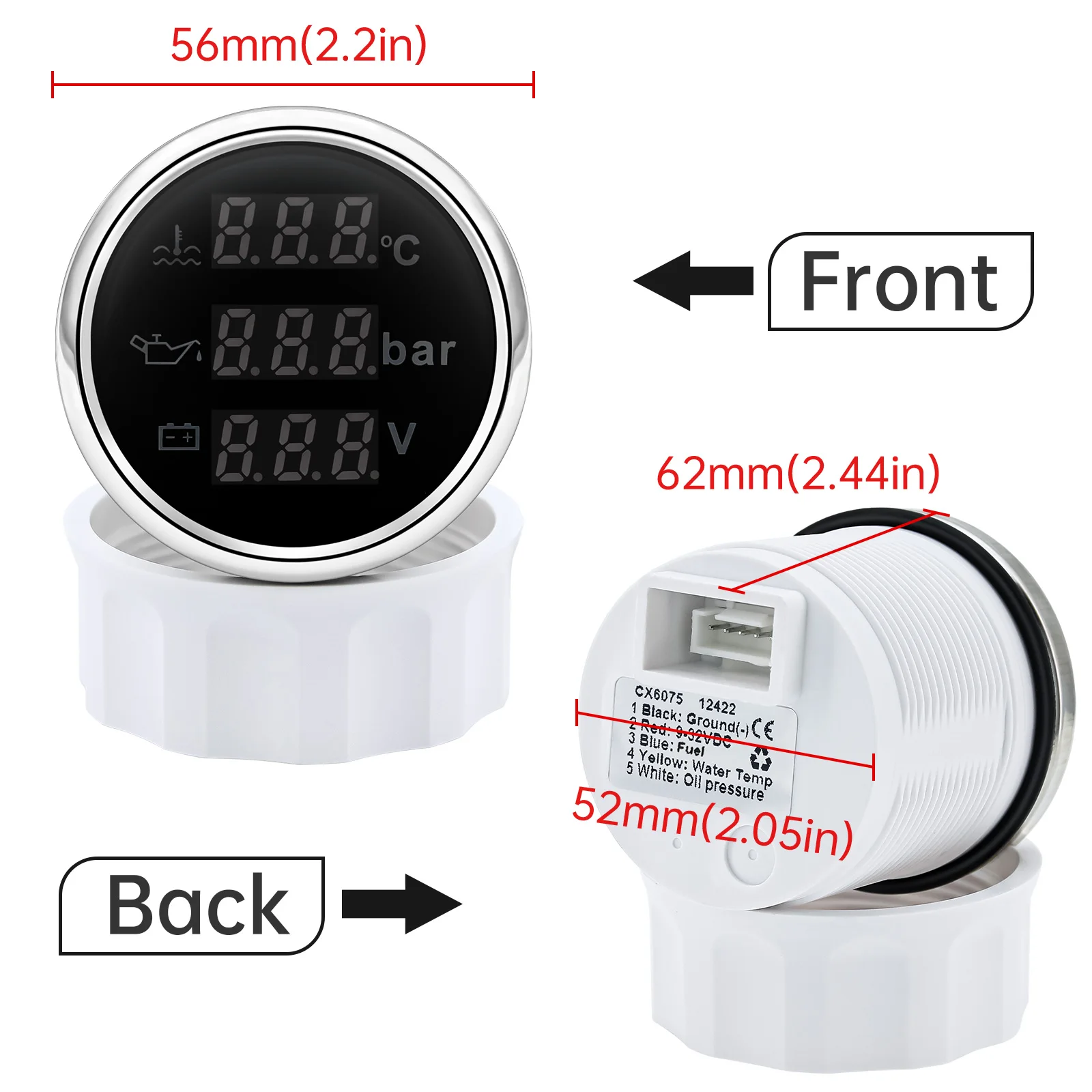 QC 52mm 3 in 1 Gauge Car Water Temperature Oil Pressure Bar Voltmeter Gauge Water Thermometer Water Tank Level Indicator Meter