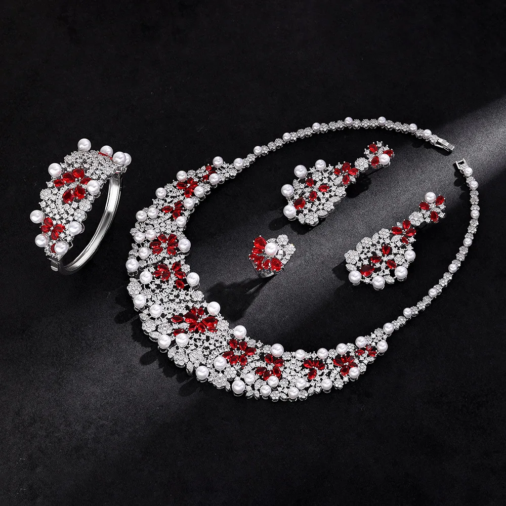 Women Jewelry Set Imitation Pearl Cubic Zirconia Necklace Earrings Bracelet Ring Bridal Wedding Christmas Gift Accessory New
