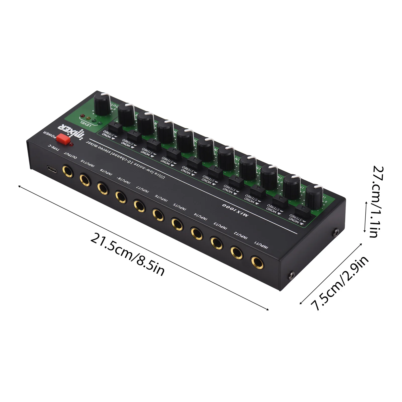 10-Channel Mixer Audio Mixer Stereo Mono Line Mixer 6.35mm TRS/TS Input Metal Shell Type-C Audio Processor