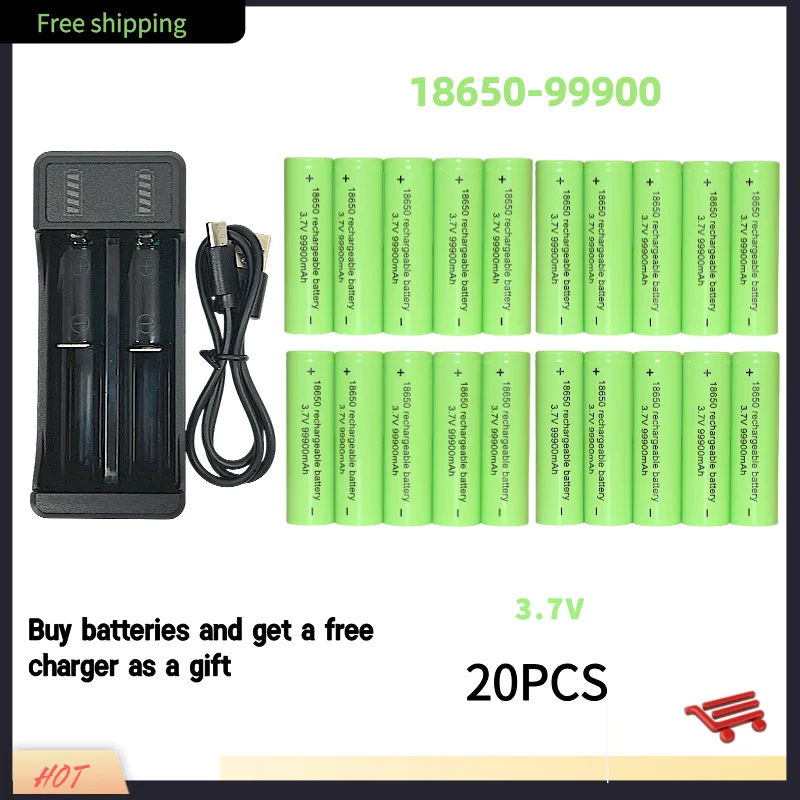 Bestselling100% original 18650 battery high-capacity 99900Mah 3.7V +charger,lithium-ion rechargeable battery for toy flashlights