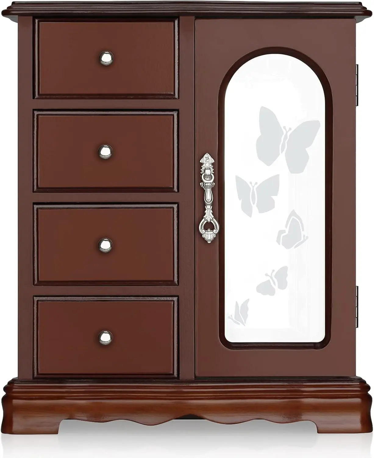 Joyero de madera maciza con 4 cajones, carrusel de collar incorporado, espejo grande - Organizador marrón