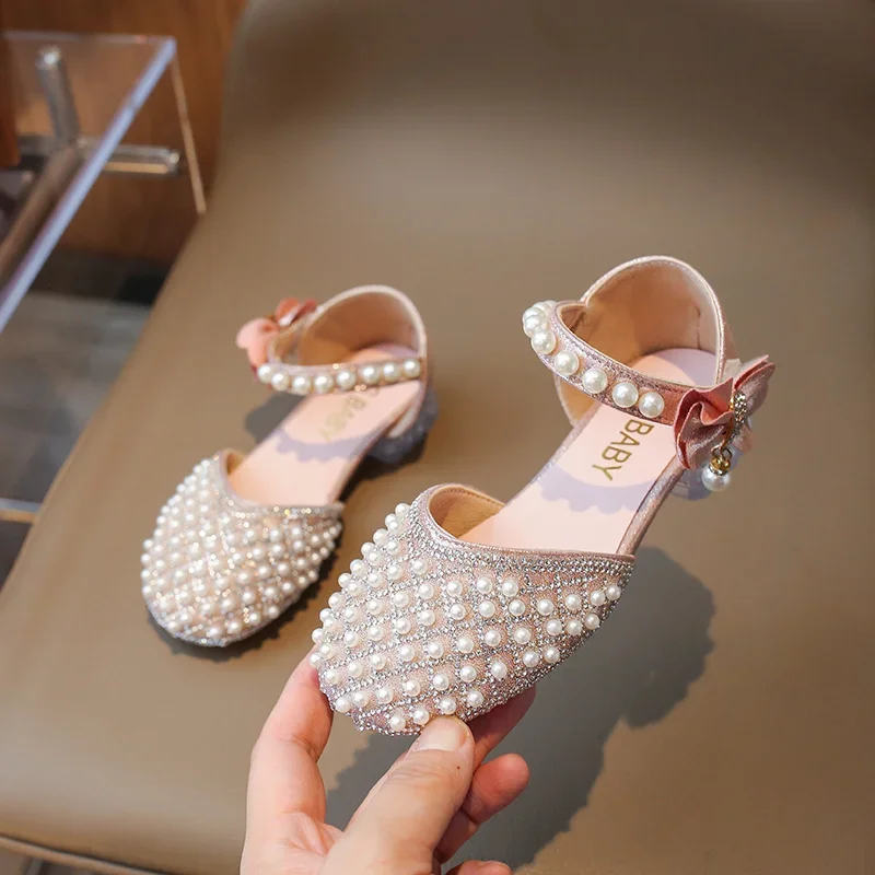 Summer Beautiful Baby Girls Princess Sandals Square Heel Crystal Beaded Bow Soft Fashion Kids Cute Elegant Students Comfortable