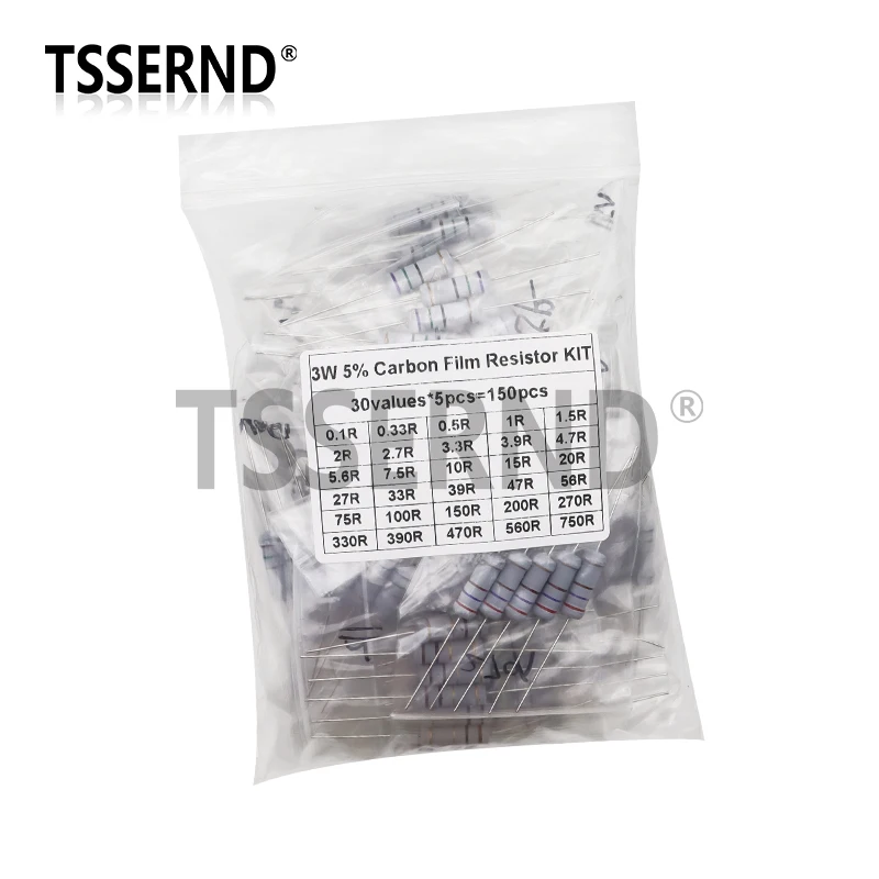 150PCS 300PCS 1W 2W 3W 5W Carbon Film Resistor Assortment Kit 5% Resistance Set 30Kinds 0.1-750 ohm 1K-820K DIY components