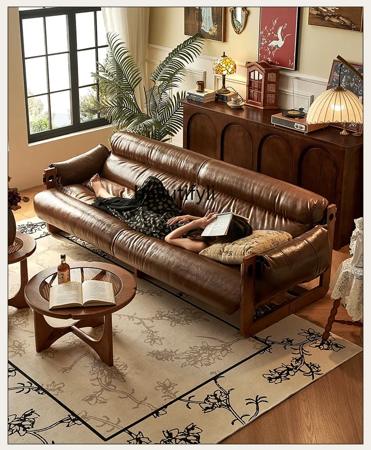 French retro leather sofa living room double oil wax leather first layer cowhide three people straight row