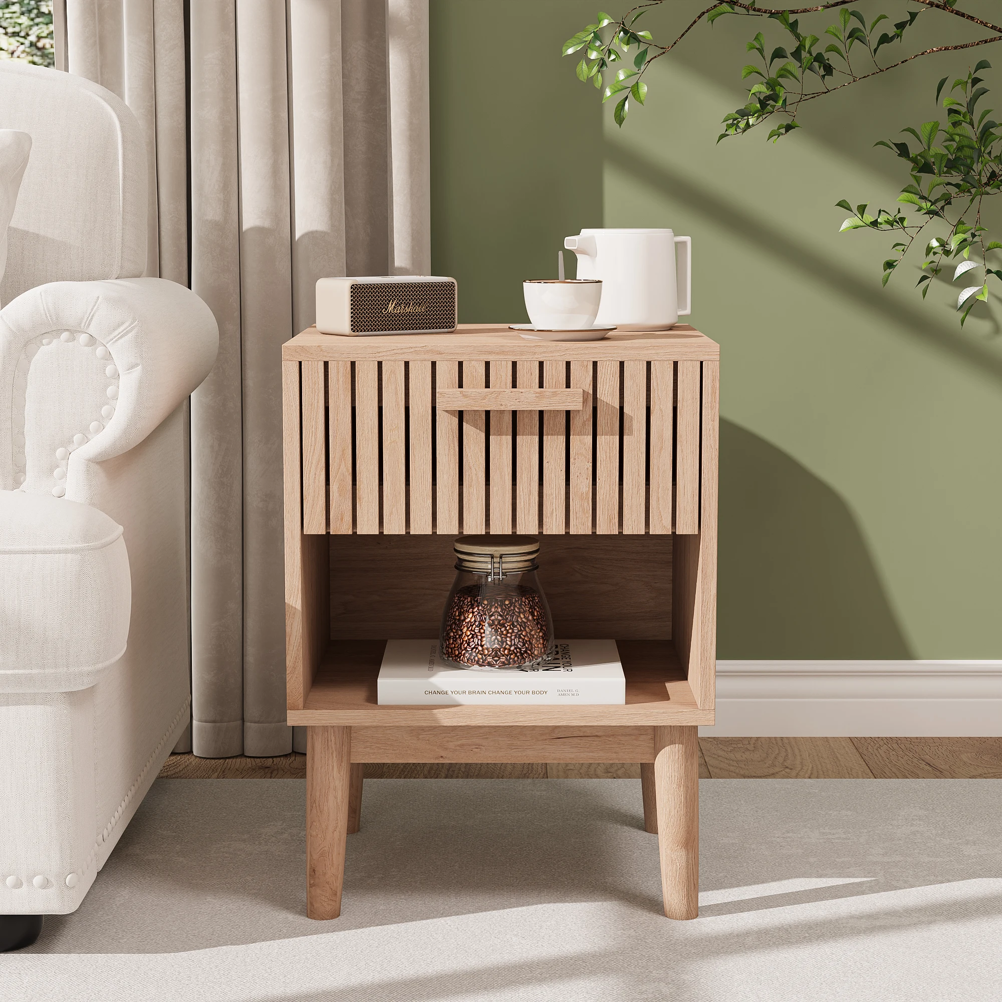 

Lazyspace Farmhouse Art Design Nightstand, Natural Wooden Color Bedside Night Table for Bedroom,Side Table for Living Room