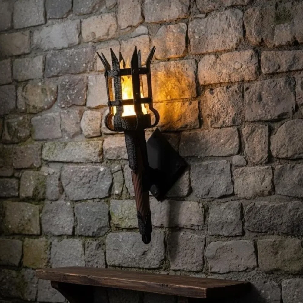 Vintage Medieval Torch Wall Lamp Dual Torch Led Lighting Halloween Flame Torch Light Fantasy Theme 3D Print